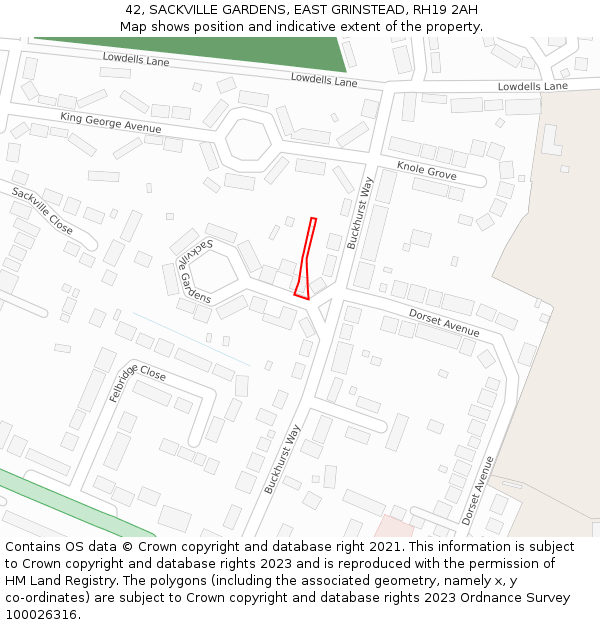 42, SACKVILLE GARDENS, EAST GRINSTEAD, RH19 2AH: Location map and indicative extent of plot