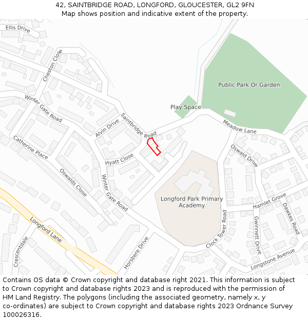 42, SAINTBRIDGE ROAD, LONGFORD, GLOUCESTER, GL2 9FN: Location map and indicative extent of plot