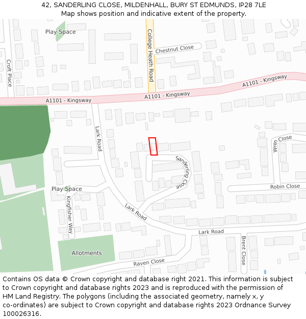 42, SANDERLING CLOSE, MILDENHALL, BURY ST EDMUNDS, IP28 7LE: Location map and indicative extent of plot