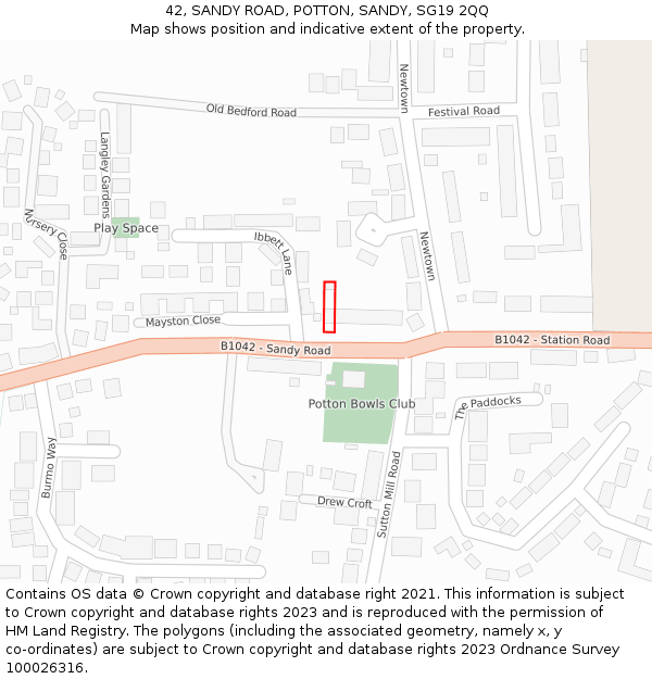 42, SANDY ROAD, POTTON, SANDY, SG19 2QQ: Location map and indicative extent of plot