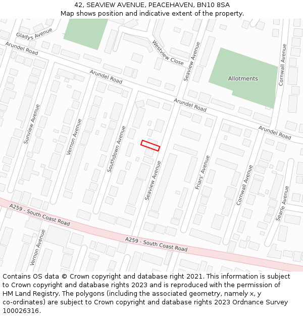 42, SEAVIEW AVENUE, PEACEHAVEN, BN10 8SA: Location map and indicative extent of plot