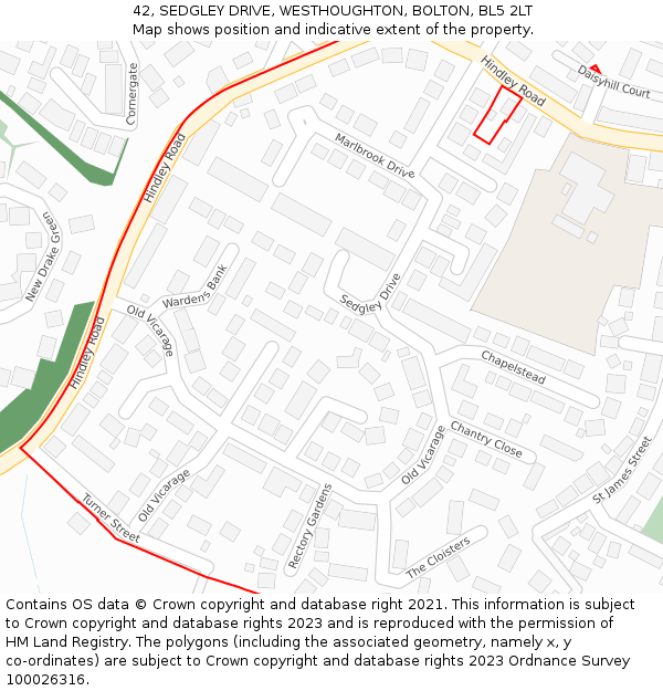 42, SEDGLEY DRIVE, WESTHOUGHTON, BOLTON, BL5 2LT: Location map and indicative extent of plot