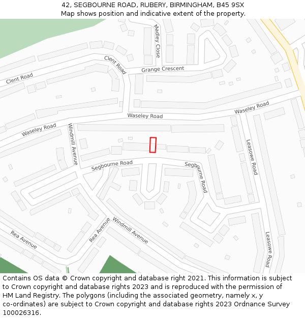 42, SEGBOURNE ROAD, RUBERY, BIRMINGHAM, B45 9SX: Location map and indicative extent of plot