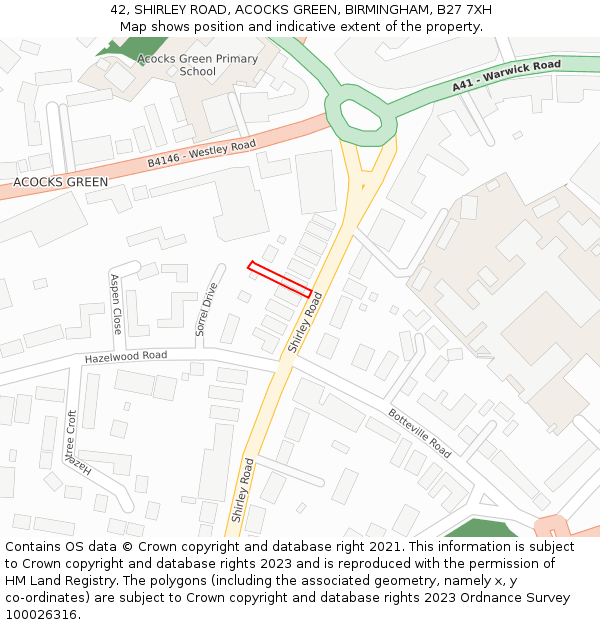 42, SHIRLEY ROAD, ACOCKS GREEN, BIRMINGHAM, B27 7XH: Location map and indicative extent of plot