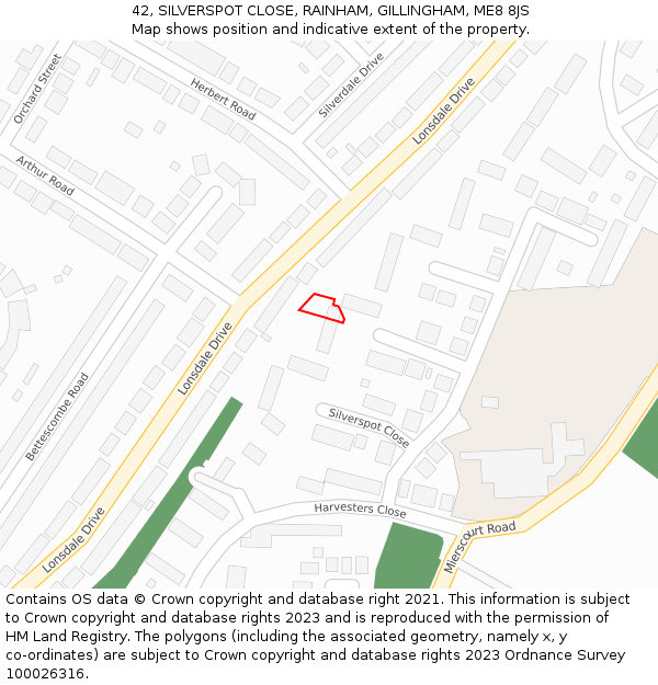 42, SILVERSPOT CLOSE, RAINHAM, GILLINGHAM, ME8 8JS: Location map and indicative extent of plot