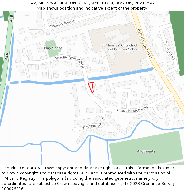 42, SIR ISAAC NEWTON DRIVE, WYBERTON, BOSTON, PE21 7SG: Location map and indicative extent of plot