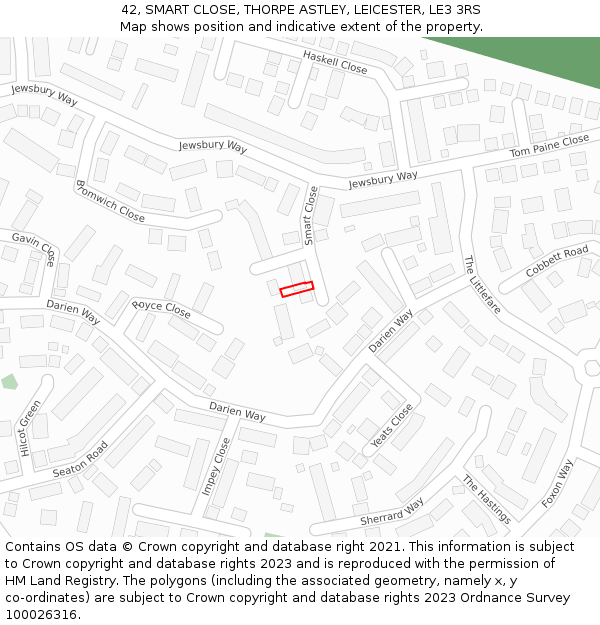 42, SMART CLOSE, THORPE ASTLEY, LEICESTER, LE3 3RS: Location map and indicative extent of plot