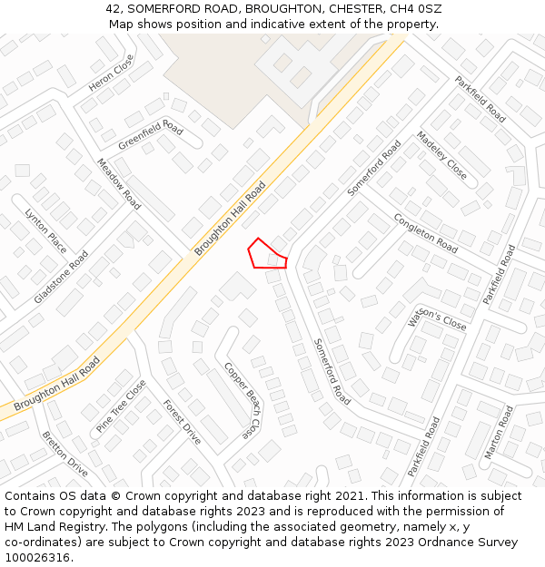 42, SOMERFORD ROAD, BROUGHTON, CHESTER, CH4 0SZ: Location map and indicative extent of plot