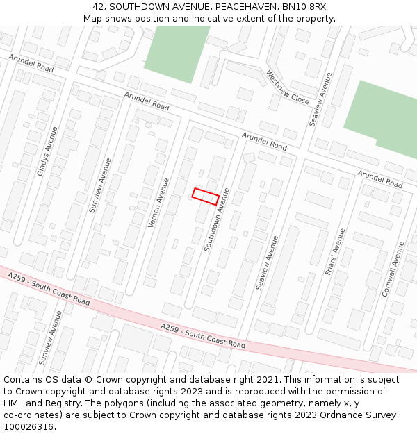 42, SOUTHDOWN AVENUE, PEACEHAVEN, BN10 8RX: Location map and indicative extent of plot