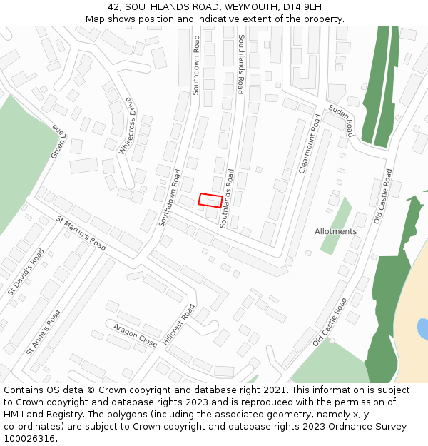 42, SOUTHLANDS ROAD, WEYMOUTH, DT4 9LH: Location map and indicative extent of plot