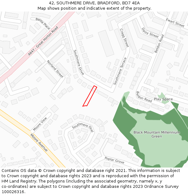 42, SOUTHMERE DRIVE, BRADFORD, BD7 4EA: Location map and indicative extent of plot