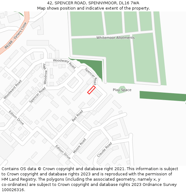 42, SPENCER ROAD, SPENNYMOOR, DL16 7WA: Location map and indicative extent of plot