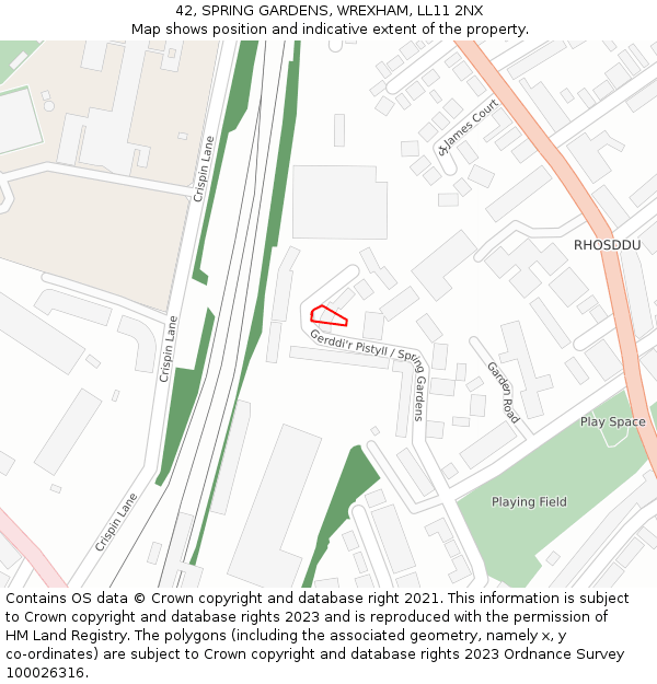 42, SPRING GARDENS, WREXHAM, LL11 2NX: Location map and indicative extent of plot