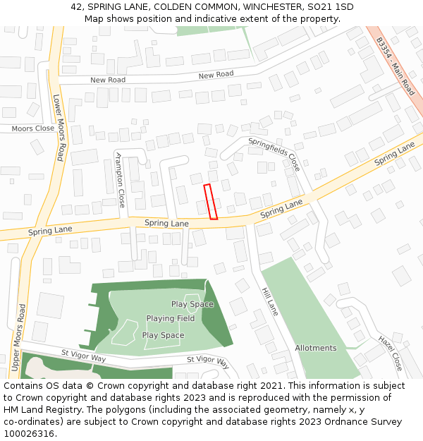 42, SPRING LANE, COLDEN COMMON, WINCHESTER, SO21 1SD: Location map and indicative extent of plot