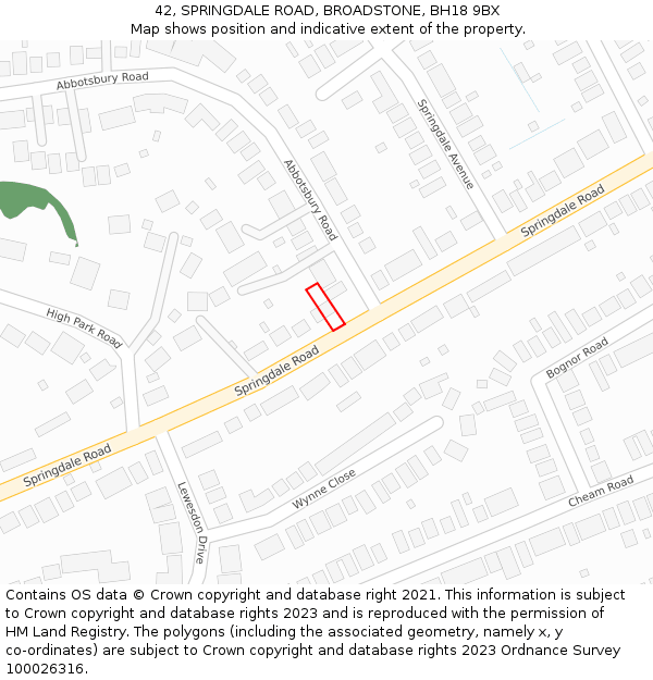 42, SPRINGDALE ROAD, BROADSTONE, BH18 9BX: Location map and indicative extent of plot