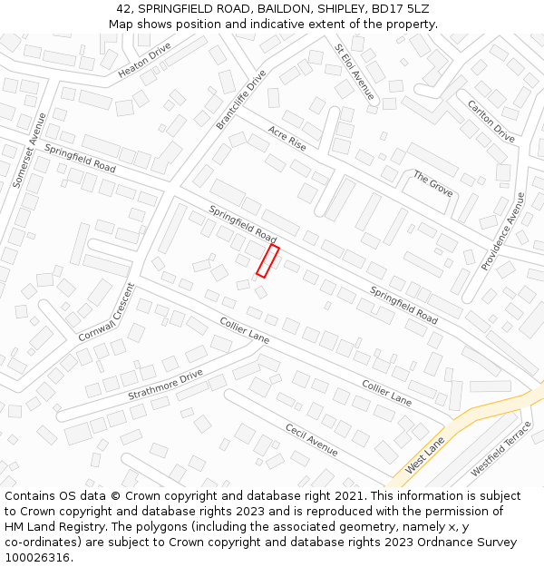 42, SPRINGFIELD ROAD, BAILDON, SHIPLEY, BD17 5LZ: Location map and indicative extent of plot