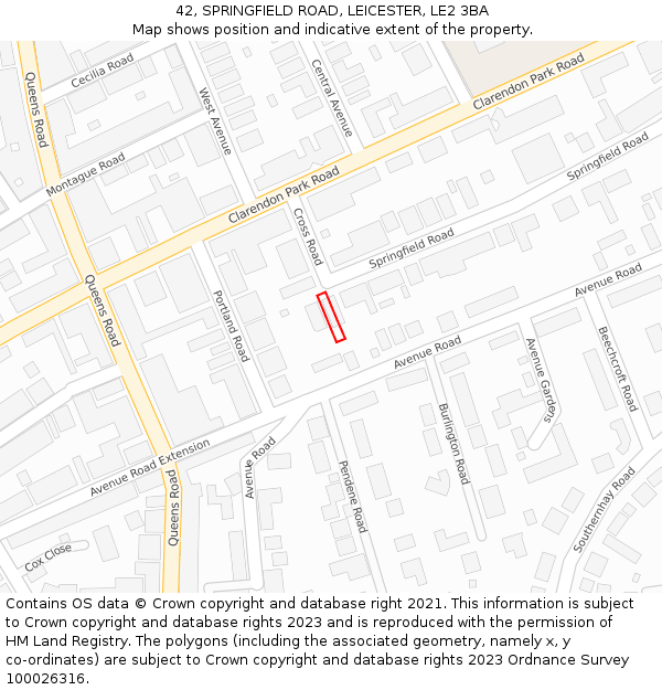 42, SPRINGFIELD ROAD, LEICESTER, LE2 3BA: Location map and indicative extent of plot
