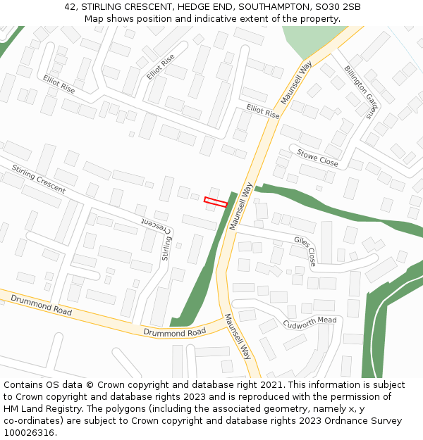 42, STIRLING CRESCENT, HEDGE END, SOUTHAMPTON, SO30 2SB: Location map and indicative extent of plot