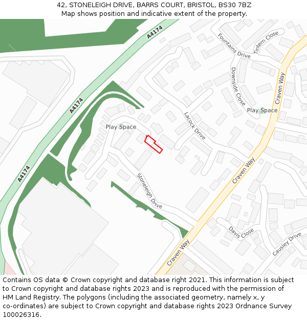 42, STONELEIGH DRIVE, BARRS COURT, BRISTOL, BS30 7BZ: Location map and indicative extent of plot