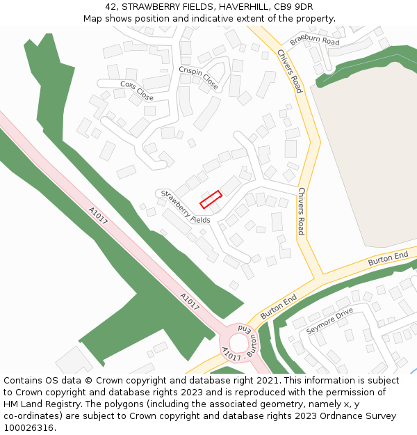 42, STRAWBERRY FIELDS, HAVERHILL, CB9 9DR: Location map and indicative extent of plot