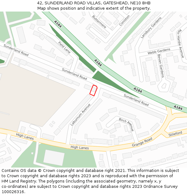 42, SUNDERLAND ROAD VILLAS, GATESHEAD, NE10 8HB: Location map and indicative extent of plot