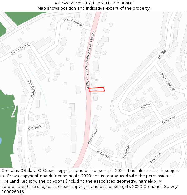 42, SWISS VALLEY, LLANELLI, SA14 8BT: Location map and indicative extent of plot