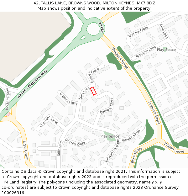 42, TALLIS LANE, BROWNS WOOD, MILTON KEYNES, MK7 8DZ: Location map and indicative extent of plot