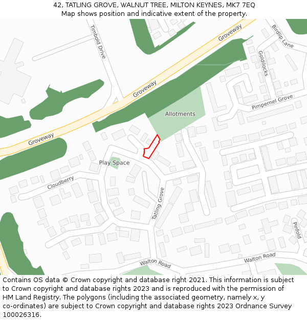 42, TATLING GROVE, WALNUT TREE, MILTON KEYNES, MK7 7EQ: Location map and indicative extent of plot