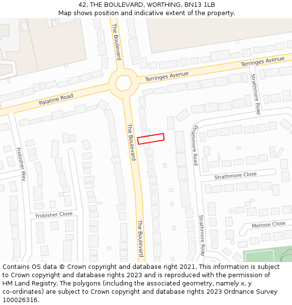 42, THE BOULEVARD, WORTHING, BN13 1LB: Location map and indicative extent of plot