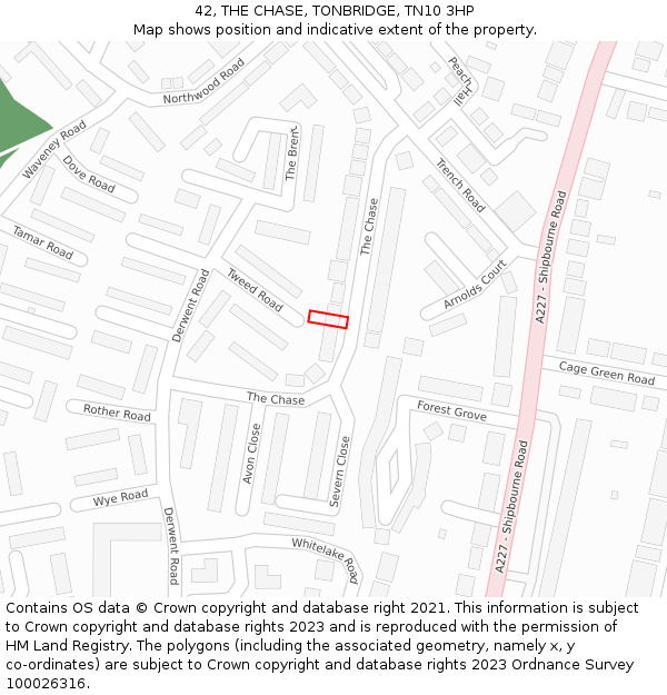 42, THE CHASE, TONBRIDGE, TN10 3HP: Location map and indicative extent of plot