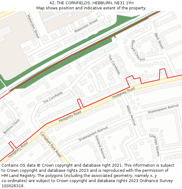 42, THE CORNFIELDS, HEBBURN, NE31 1YH: Location map and indicative extent of plot