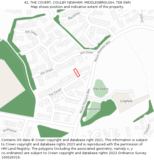 42, THE COVERT, COULBY NEWHAM, MIDDLESBROUGH, TS8 0WN: Location map and indicative extent of plot