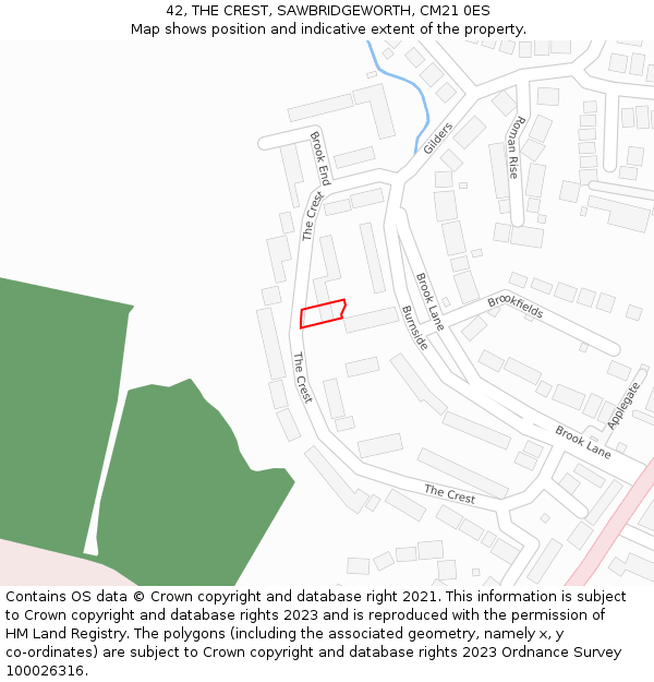 42, THE CREST, SAWBRIDGEWORTH, CM21 0ES: Location map and indicative extent of plot