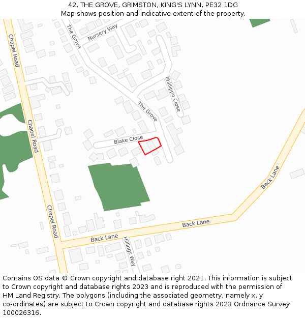 42, THE GROVE, GRIMSTON, KING'S LYNN, PE32 1DG: Location map and indicative extent of plot