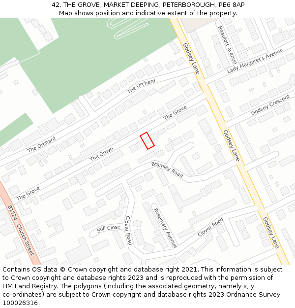 42, THE GROVE, MARKET DEEPING, PETERBOROUGH, PE6 8AP: Location map and indicative extent of plot
