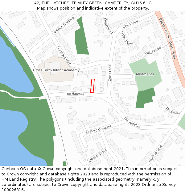 42, THE HATCHES, FRIMLEY GREEN, CAMBERLEY, GU16 6HG: Location map and indicative extent of plot