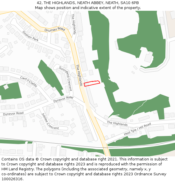 42, THE HIGHLANDS, NEATH ABBEY, NEATH, SA10 6PB: Location map and indicative extent of plot