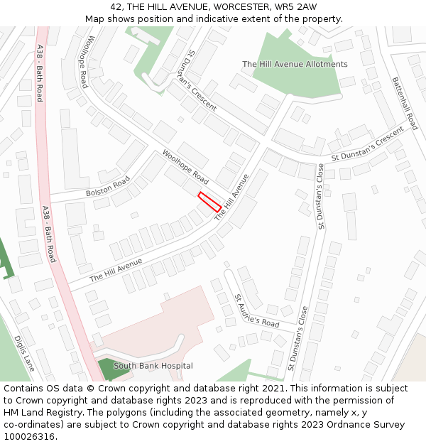 42, THE HILL AVENUE, WORCESTER, WR5 2AW: Location map and indicative extent of plot
