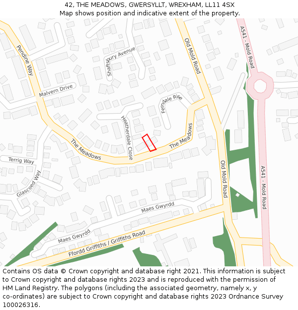 42, THE MEADOWS, GWERSYLLT, WREXHAM, LL11 4SX: Location map and indicative extent of plot