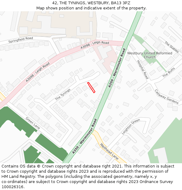 42, THE TYNINGS, WESTBURY, BA13 3PZ: Location map and indicative extent of plot