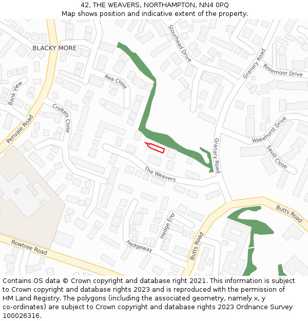 42, THE WEAVERS, NORTHAMPTON, NN4 0PQ: Location map and indicative extent of plot