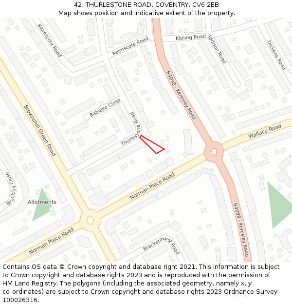 42, THURLESTONE ROAD, COVENTRY, CV6 2EB: Location map and indicative extent of plot