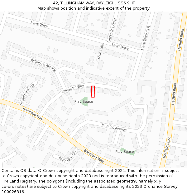 42, TILLINGHAM WAY, RAYLEIGH, SS6 9HF: Location map and indicative extent of plot