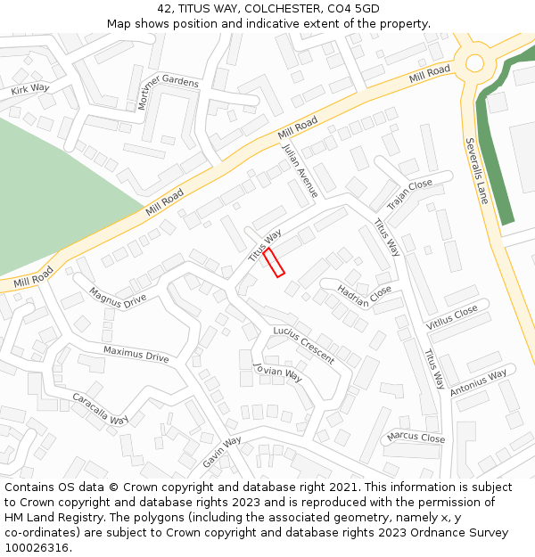 42, TITUS WAY, COLCHESTER, CO4 5GD: Location map and indicative extent of plot