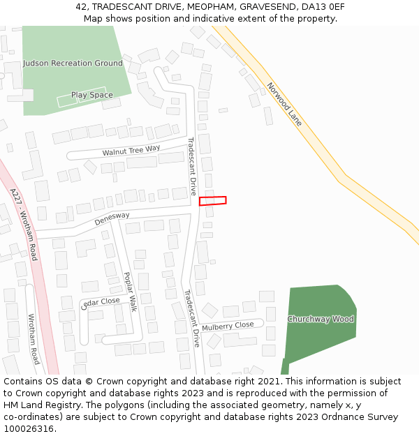 42, TRADESCANT DRIVE, MEOPHAM, GRAVESEND, DA13 0EF: Location map and indicative extent of plot