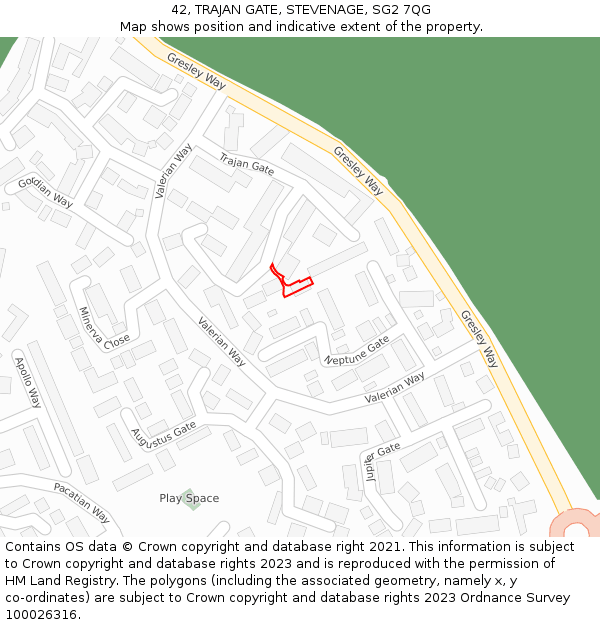 42, TRAJAN GATE, STEVENAGE, SG2 7QG: Location map and indicative extent of plot