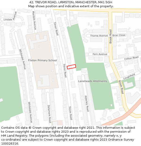 42, TREVOR ROAD, URMSTON, MANCHESTER, M41 5GH: Location map and indicative extent of plot