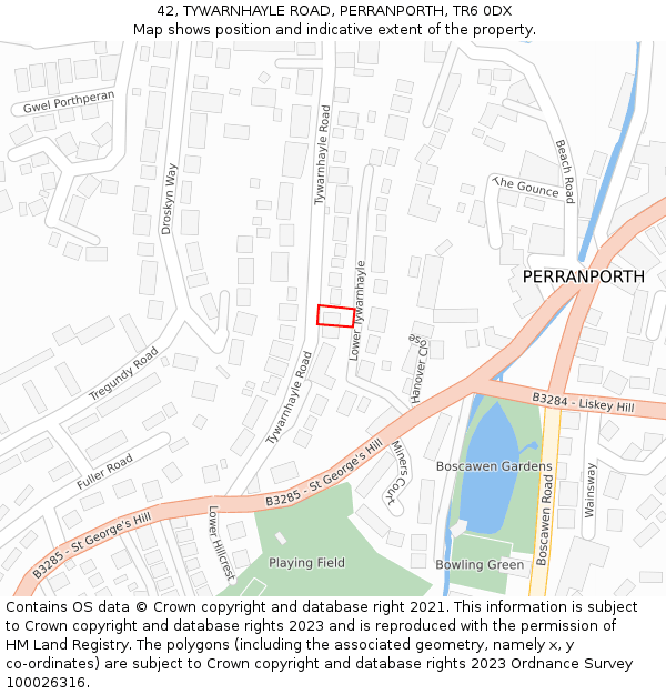 42, TYWARNHAYLE ROAD, PERRANPORTH, TR6 0DX: Location map and indicative extent of plot