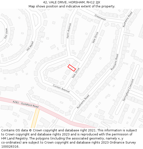 42, VALE DRIVE, HORSHAM, RH12 2JX: Location map and indicative extent of plot