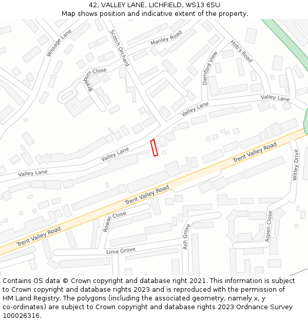 42, VALLEY LANE, LICHFIELD, WS13 6SU: Location map and indicative extent of plot